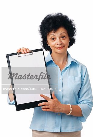 Elder woman holding a clipboard and showing something over white.