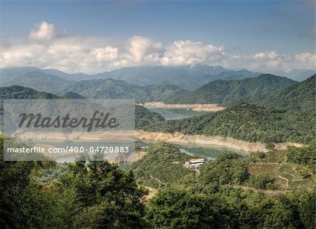 Countryside with green mountains and lake in Taiwan.