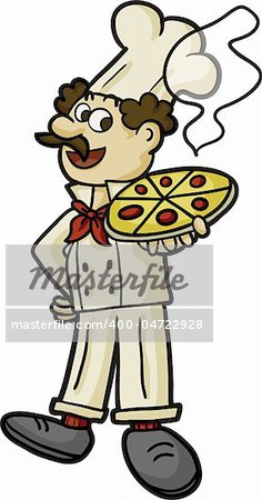 a pizzaiolo carrying a big delicios pizza