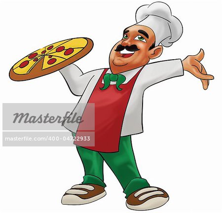 a pizzaiolo carrying a big delicious pizza