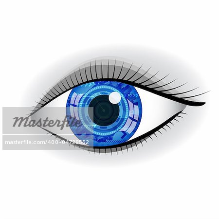 Human blue technology eye with reflection.