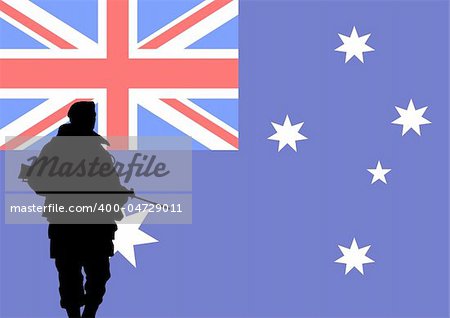 Silhouette of an Australian soldier with the flag of Australia in the background