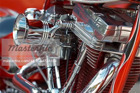 Detail take of a powerful V-2 motorbike engine