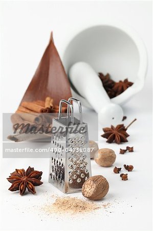 Close-up of nutmegs, cloves, anise and cinnamon with grater and mortar on white background. Shallow dof