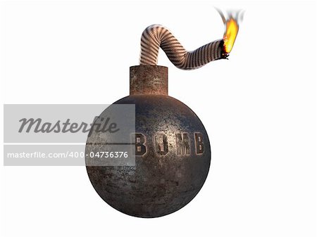 Old rusted metal bomb with burning wick and word BOMB isolated from background