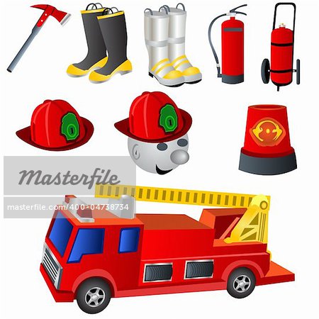 Vector illustration of nine colored fireman icons.