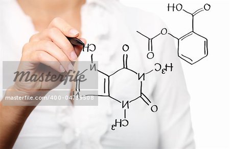 A picture of a young teacher during chemistry lecture over white background