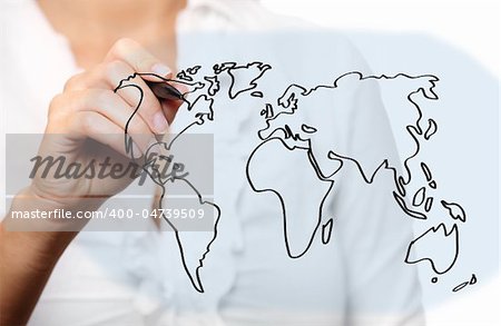 A picture of a young woman drawing a world map over white background