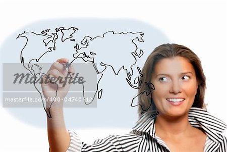 A portrait of a young beautiful woman drawing a world map over white background