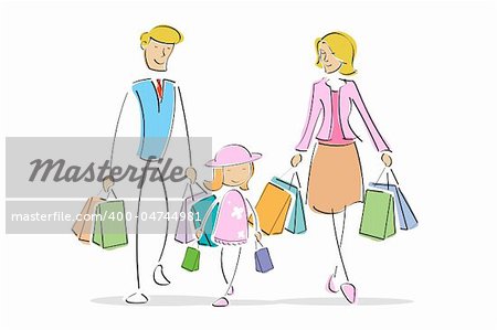 illustration of family with shopping bags