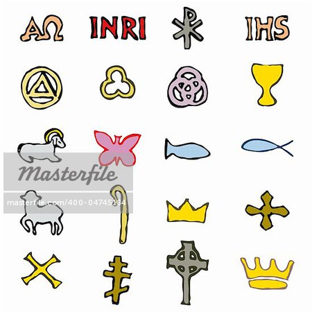 Set of Illustration of a communion depicting traditional Christian symbols including candle (light), chalice, grapes (wine), ear, cross and bread