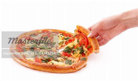 Tasty Italian pizza and hand over white