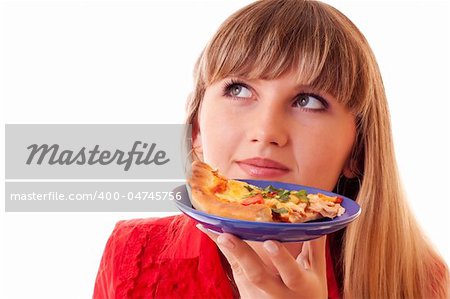 Beautiful woman with pizza over white
