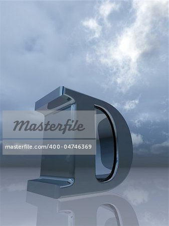 metal uppercase letter d under dark cloudy sky - 3d illustration