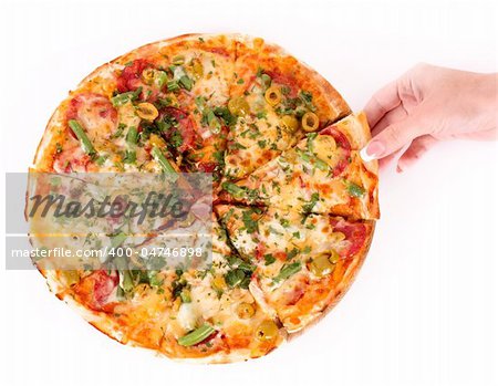 pizza and hand isolated on white