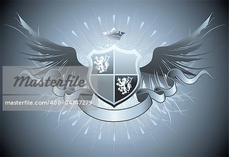 Vector illustration of retro heraldic shield or badge with wings and crown