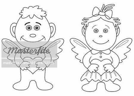 Girl and boy angels with hearts. Picture about love and valentine's day, contours