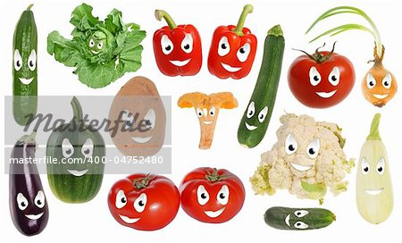 Assortment of happy vegetable smileys isolated on white background