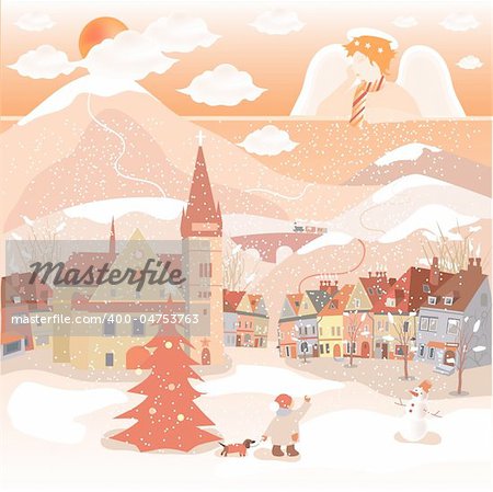 Decorative Christmas, New Year postcard, with snow, angel and city.