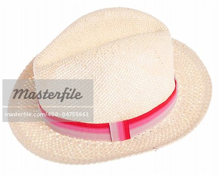 Summer Straw Hat with a Pink Ribbon Isolated on White with a Clipping Path.