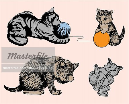 Stylized series of cartoon kitten characters in 4 different poses. Vector Illustration.