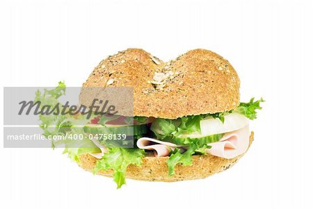 Fresh sandwich with ham and vegetables over white background