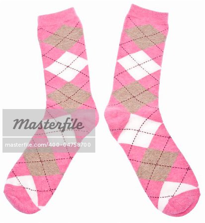 Pair of Pink Argyle Socks Isolated on White with a Clipping Path.