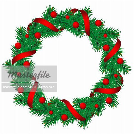 Christmas pine garland decorated with red and golden ribbons. Vector.