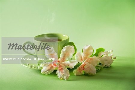 The cup of green tea with caramel orchid on green background