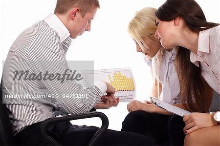 The business team isolated on white background. One business man and two woman.