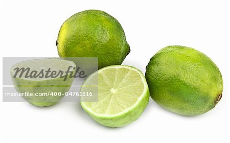 four lime fruit on white background, small natural shadow in front