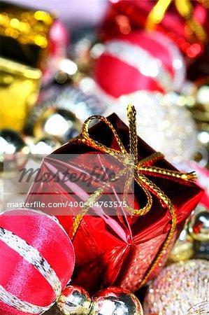 Christmas gift box and garland, shallow depth of field