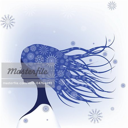 Abstract woman with snowflakes in hair. Vector illustration.