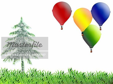 Illustration for children with balloons and tree on white background
