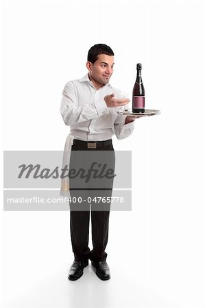 Waiter or bartender presenting a bottle on a silver platter.  White background.