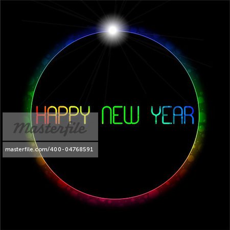 Multicolor Circles in Black Background,  Feathered Circle, Rainbow Colors, Glow, Happy New Year Text in Multi color Text