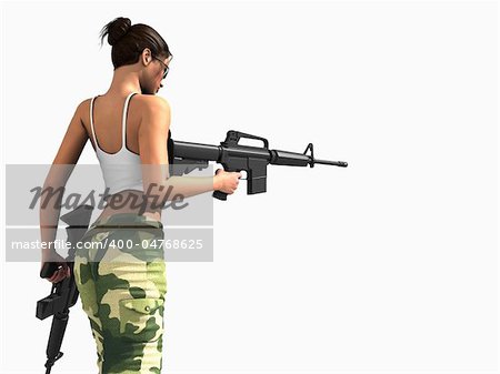 3d illustration of a female soldier holding two guns