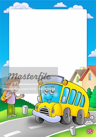 Frame with school bus and boy - color illustration.