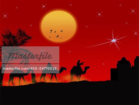 Three wise-men traveling to Bethlehem, following the star - vector illustration