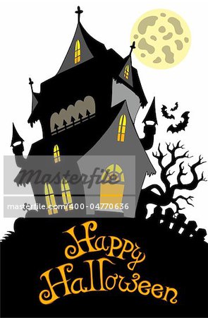 Happy Halloween sign with mansion - vector illustration.