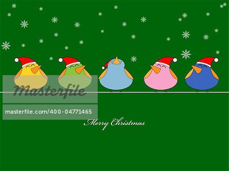 Vector picture of birds singing christmas songs on green background
