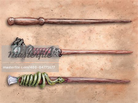 Three magical wizard wands on old parchment