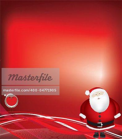 christmas illustration of santa and robin on a red background with plenty of space for text