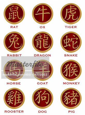 Twelve Chinese New Year Zodiac Gold Red Coins Illustration