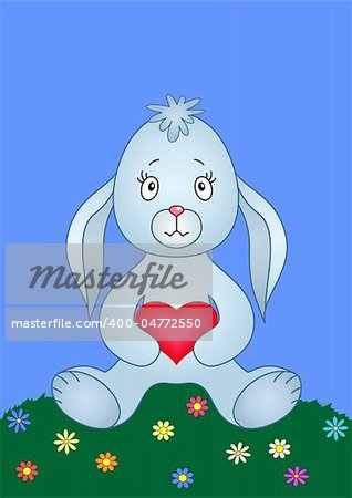 Rabbit holding in paws red valentines heart, siting on a flower meadow