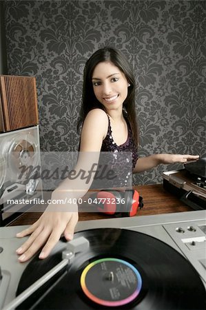 Dj retro woman vintage vinyl turntable music open reel tape recorder Dj retro woman vintage vinyl turntable music open reel tape recorder