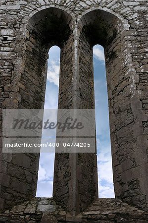 arched windows in church ruin in county clare ireland