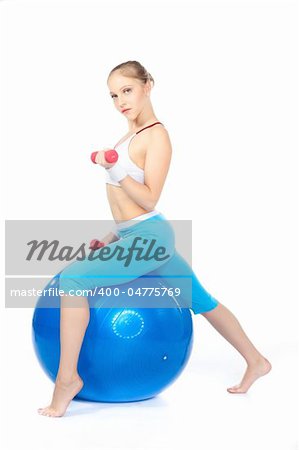 women in fitness over white background with blond hair