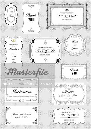 Set of ornate vector frames and ornaments with sample text. Perfect as invitation or announcement. All pieces are separate. Easy to change colors and edit.