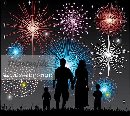 vector illustration of a happy family watching fireworks